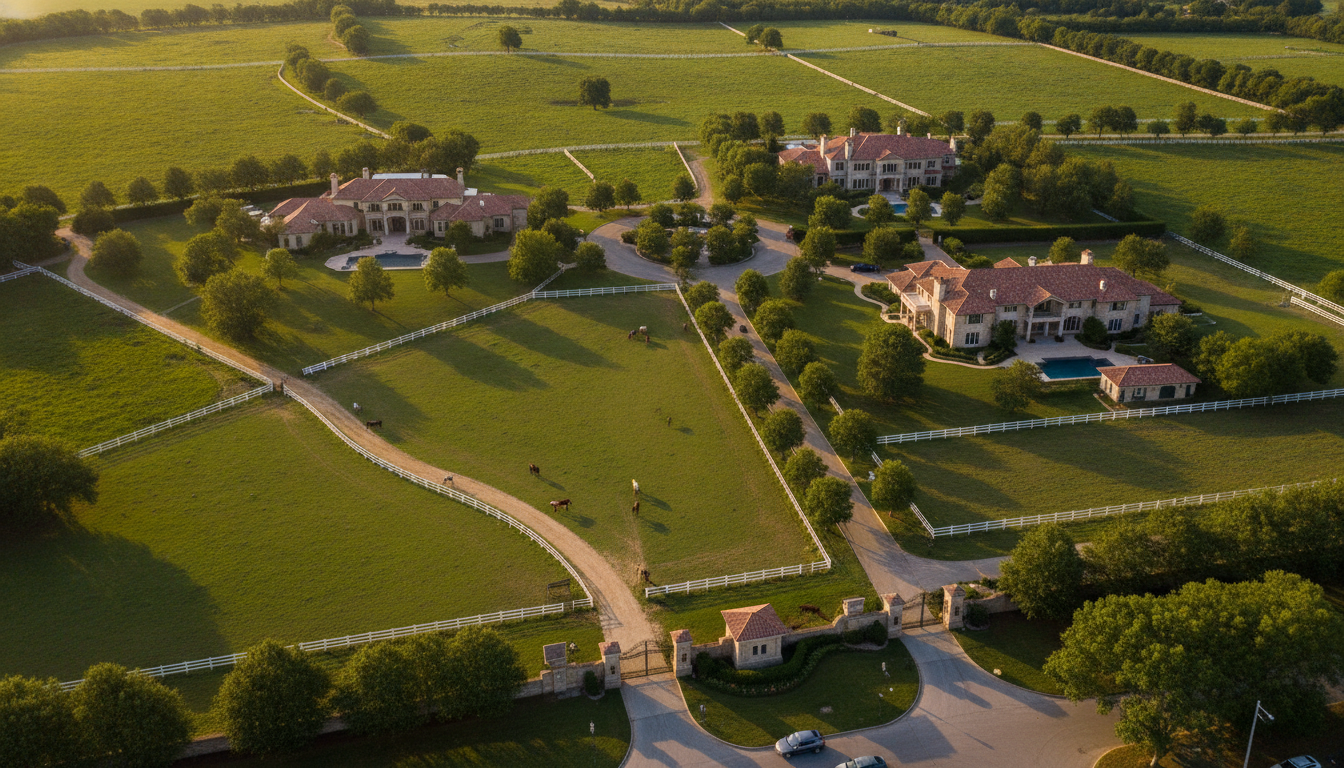 Aerial view of an exclusive gated equestrian community with lush green pastures, private riding trails, and luxury estates, high-end lifestyle