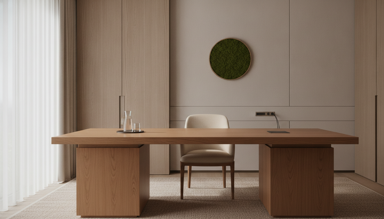 A sophisticated home office in a luxury residence, wired with elegant concealed fiber-optic ports, minimalist design, large wooden desk, soft natural light, clean lines, representing the balance of high technology and biological safety.