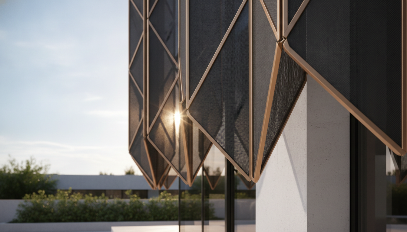 Close-up of smart kinetic dynamic shading panels on the exterior of a luxury smart home, adjusting automatically to sunlight, sleek carbon fiber and bronze materials, sustainable design, daytime.