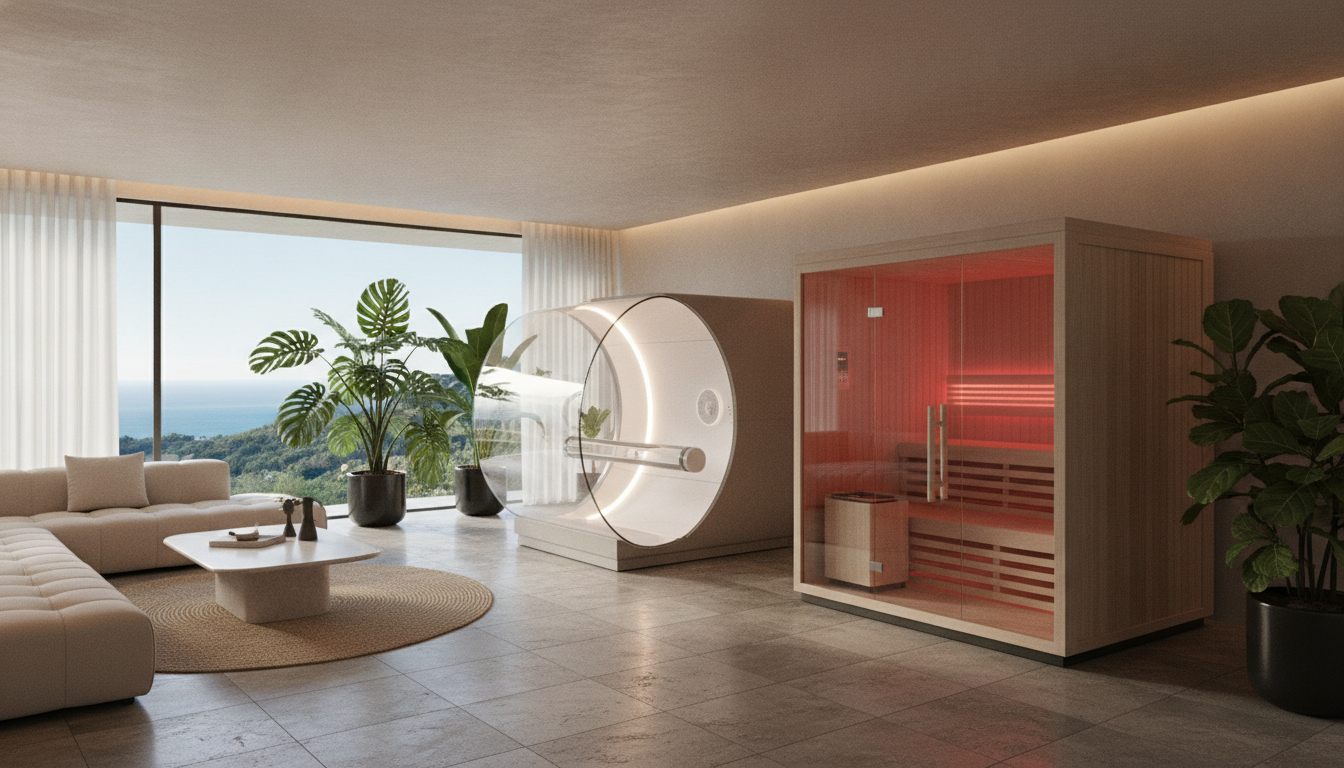A futuristic home-integrated private health sanctuary in a luxury villa. Features an elegant glass hyperbaric chamber, a minimalist infrared sauna, and natural stone flooring. Ambient warm lighting, lush indoor plants, sophisticated and calming interior design.