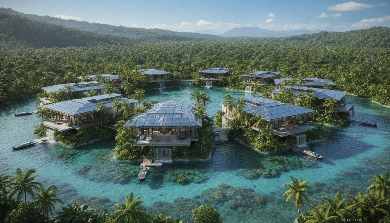 Aerial view of a collection of futuristic floating residences in a private lagoon, solar glass roofs, integration with tropical nature, luxury real estate development photography, 8k resolution.
