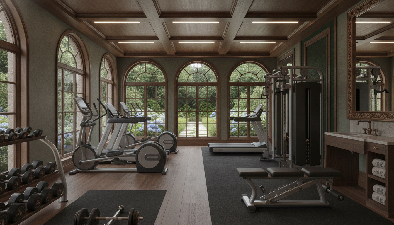 An elegant private home gym and performance center with state-of-the-art equipment, bespoke wood and bronze details, large windows with garden views, professional architectural interior photography.