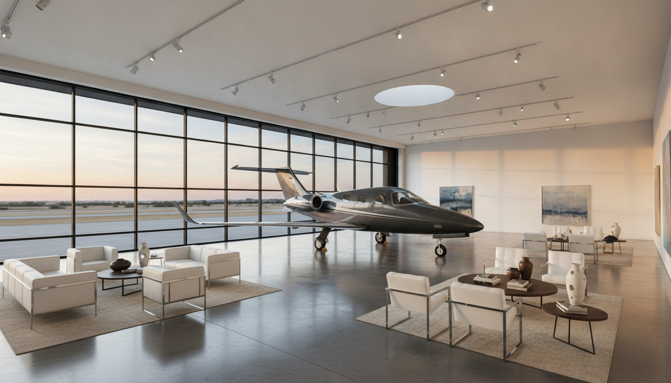 Interior of a luxury home's hangar, designed like a high-end art gallery with polished concrete floors, minimalist lounge seating, and a modern single-engine aircraft as the centerpiece. Large windows showing a runway outside, professional interior design photography.
