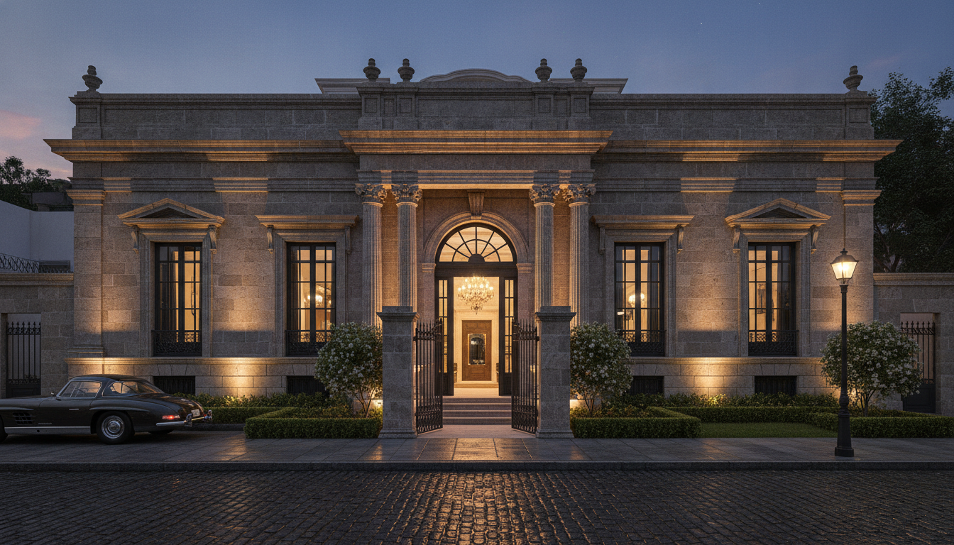 The exterior of a beautifully restored neo-classical mansion in a premium historic neighborhood of Mexico City, showcasing the grand stone facade preserved perfectly, with modern warm architectural lighting at dusk, highlighting the fusion of heritage and quiet luxury.