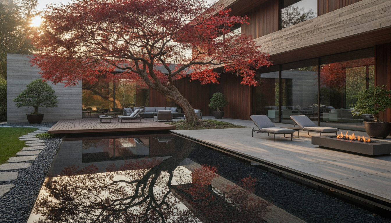 A serene reflecting pool next to a centuries-old Japanese maple tree with vibrant red leaves, integrated into the outdoor living space of a luxury concrete and wood mansion, architectural digest style, peaceful atmosphere.