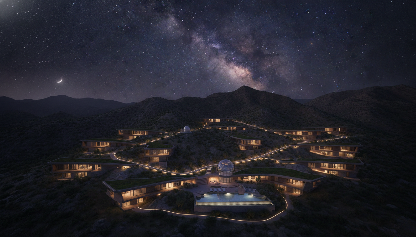 An aerial view of an exclusive eco-luxury residential development in a dark sky certified mountain area. The houses are seamlessly integrated into the landscape, using only downward-facing warm amber lights to prevent light pollution, highlighting a pristine star-filled night sky. High-end, cinematic lighting, architectural visualization.