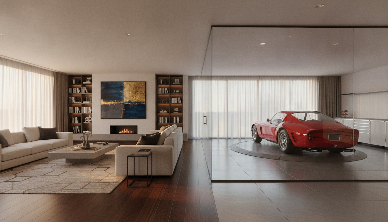 An integrated living room and car showroom in a luxury estate, where a glass wall separates a sophisticated modern living area from an immaculately clean garage displaying a vintage sports car. Warm, inviting, high-end residential interior.