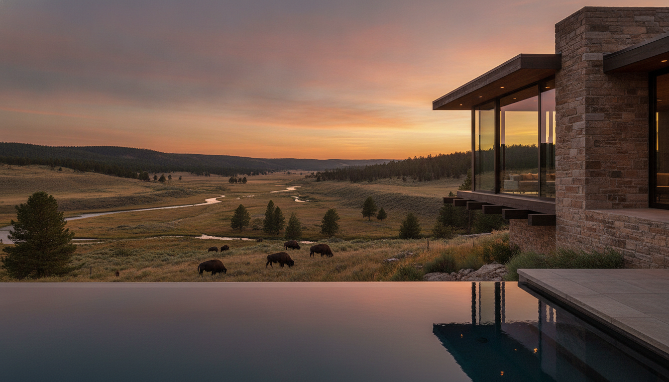 A modern, minimalist architectural masterwork built with local stone and wood, overlooking a restored valley in Wyoming with wild bison roaming in the distance, dramatic sunset lighting, quiet luxury aesthetic.