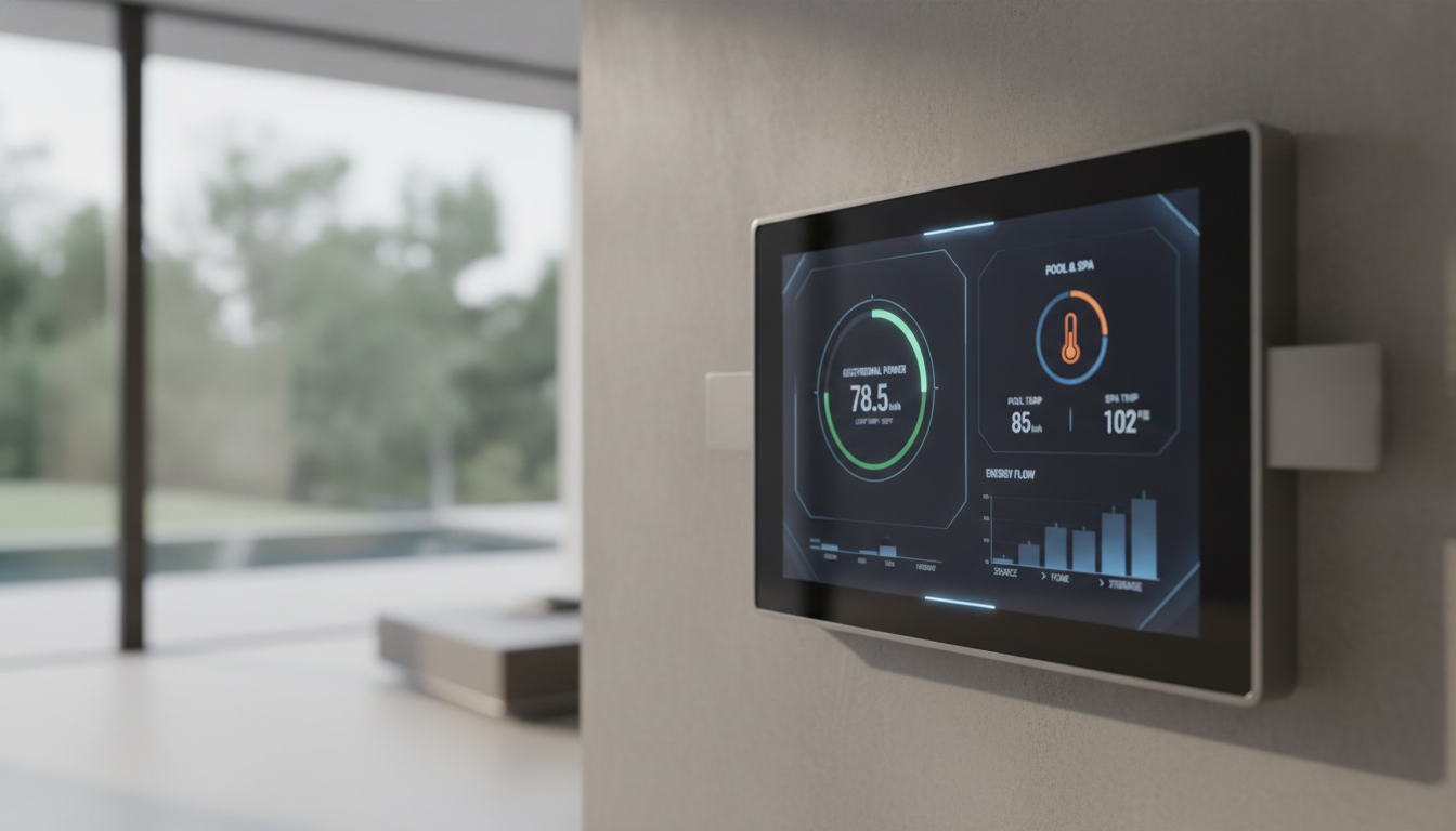 Close-up of a high-tech smart home control screen displaying geothermal energy metrics and pool temperature, in a modern luxury concrete and glass villa, sleek aesthetic, soft depth of field.