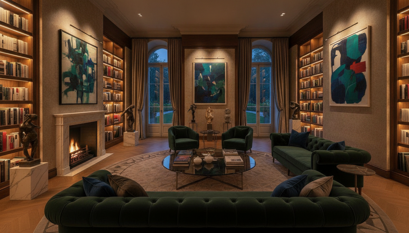 A luxury home library and art salon with custom lighting accentuating sculptures and modern art, plush seating, warm and inviting atmosphere, architectural digest style, cinematic lighting.